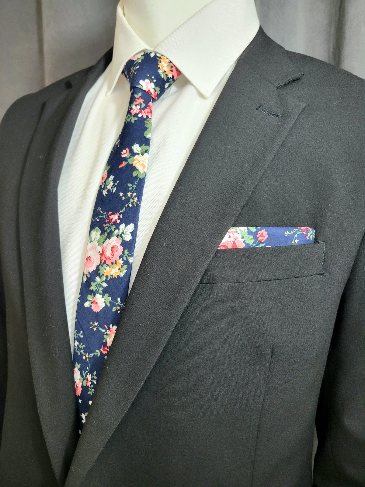 Blue and Pink Floral Necktie and Pocket Square - The Upscale Banker