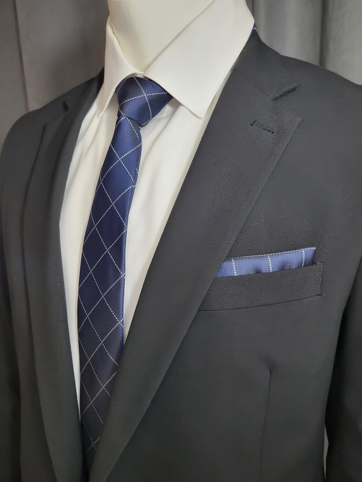 Blue and Silver Geometric Necktie and Pocket Square - The Upscale Banker
