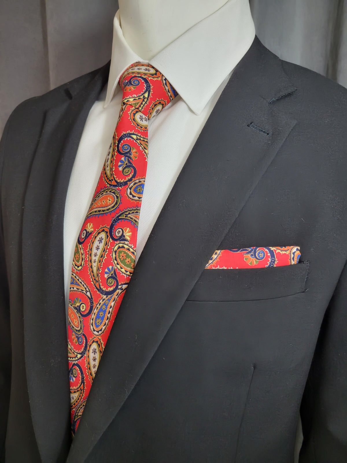 Red, Blue, Orange Paisley Necktie and Pocket Square - The Upscale Banker