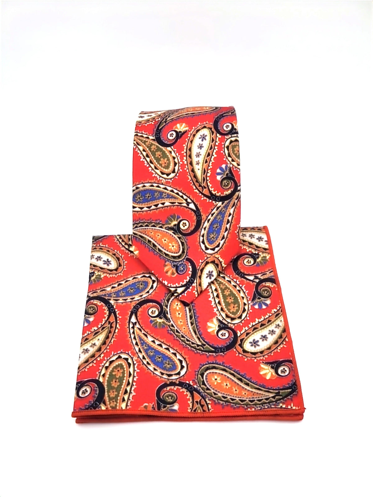 Red, Blue, Orange Paisley Necktie and Pocket Square - The Upscale Banker